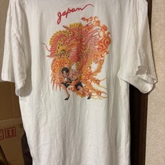 和柄メンズ半袖ONE PIECE　Ｔシャツ むかしむかし×ワンピース　スカ柄　火拳のエース white　Lサイズ（中古品）の画像