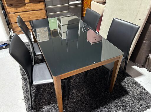 あずま工芸 おしゃれトップガラス ダイニング5点セット 合成皮革椅子 Used/美品