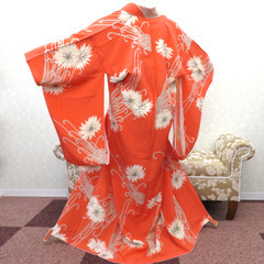 小紋 昔 アンティーク 昔着物 サーモンオレンジ 白 グレー 金...