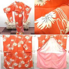 小紋 昔 アンティーク 昔着物 サーモンオレンジ 白 グレー 金 黒 花 バチ衿 正絹 昔きもの レトロ 明治・大正ロマン カジュアル  身丈146cm 【キモノオフ野々市若松店】の画像