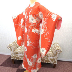 小紋 昔 アンティーク 昔着物 サーモンオレンジ 白 グレー 金 黒 花 バチ衿 正絹 昔きもの レトロ 明治・大正ロマン カジュアル  身丈146cm 【キモノオフ野々市若松店】の画像