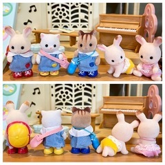 シルバニアファミリー　森のたのしいようちえん　にじいろようちえんバス　ようちえんおともだちセット　ショコラウサギ　赤ちゃん　あかちゃん　森の楽しい幼稚園　虹色幼稚園バス　虹色ようちえんバス　幼稚園お友達セット　幼稚園おともだちセット　ようちえんお友達セット　くるみリス　ペルシャネコ　ショコラウサギ　人形　クツ　くつ　靴　鞄　かばん　カバン　通園バッグ　水筒　水とう　帽子　ぼうし　おままごと　ままごと　ごっこ遊び　まとめて　セット　大量　の画像