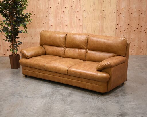 【4/6引渡完了】≪zyt2012ジ≫ 3人掛けソファ 合皮 ブラウン系 幅197cm フェイクレザー/合成皮革 ローソファ/3Pソファ/幅195/幅200/中古家具/宮城県仙台市 70226-17