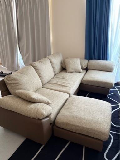 洗えるカバーリング ソファ 3人掛け ポケットコイル L字 ファブリック レザー オットマン