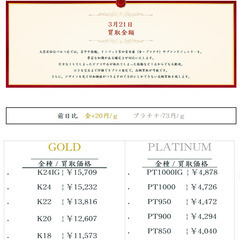 大黒屋仙台パルコ店 3/20　本日の貴金属の買取金額