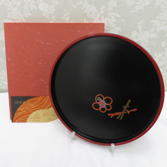 骨董・民芸品 山中漆器 盆  丸盆 漆器 黒  蒔絵  箱有 【...