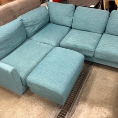 ソファ　3〜4人掛け　水色　家具　オットマン付きの画像