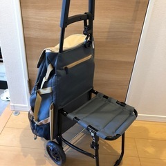 シニアに最適、お洒落・軽量キャリーカート🙌👌青とベージュ 折りたたみ椅子付きの画像