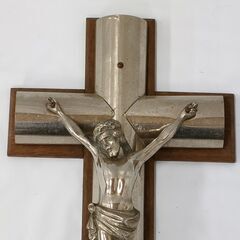 大幅お値下げ！JME043K) ヨーロッパ雑貨 イエス・キリスト像 十字架/クロス アンティーク小物/ウッド調 重量856g（土台込み）/材質不明 中古品の画像