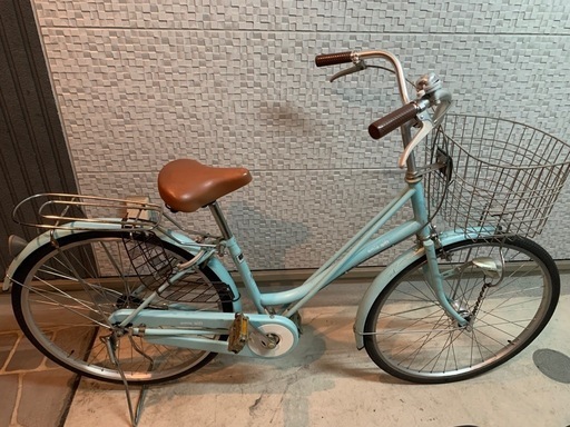水色 シティサイクル 前バスケット付き