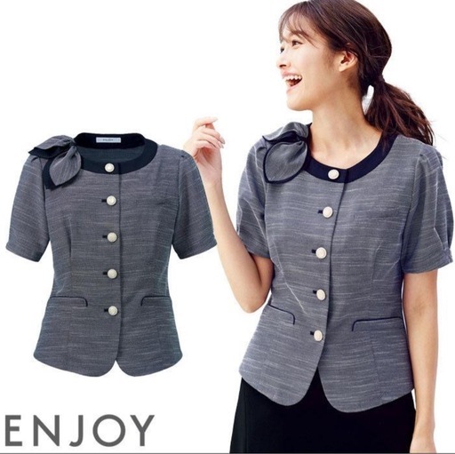 19号 事務服 オーバーブラウス 半袖 ESA831 春夏 スカーフ付き ネイビー レディース ENJOY オフィス\n