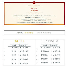大黒屋仙台パルコ店 3/22　本日の貴金属の買取金額