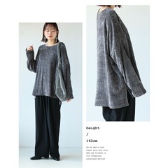 トップス カットソー 長袖 ロンT ベロア ベロアトップス クルーネック インナー 光沢感 華やか キレイめ 着回し 無地 グレーの画像