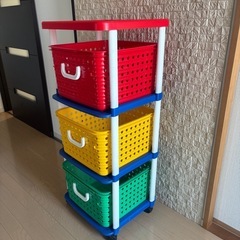 キッズ収納 おもちゃ収納ラック バスケットラック3段 キャスター付きの画像