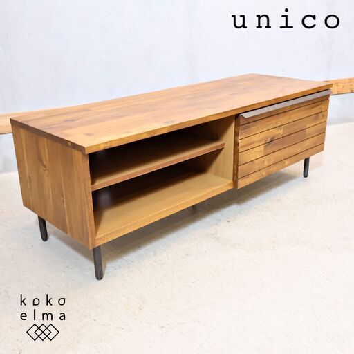 unico(ウニコ)のSWELLA(スウェラ)テレビボードです。アカシア材を使用したラフな印象のローボードは西海岸スタイルや男前インテリアにもおススメ。1人暮らしにぴったりのコンパクトなTVボード♪