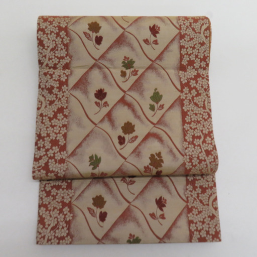 袋帯 洒落袋帯 菱に花模様 絹 茶色ｘ緑色 全通柄 仕立て上がり 着物帯 長さ432cm 【キモノオフ野々市若松店】