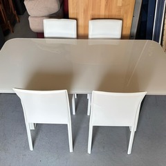 国産 あずま製 おしゃれ ダイニング7点セット、トップガラス，革調椅子、幅180cm Usedの画像