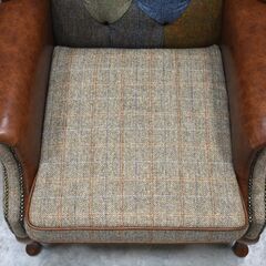 ≪yt1870ジ≫ 希少 Harris Tweed/ハリスツイード ハイバックラウンジチェア 英国製/England 猫脚/パッチワーク/ボタンダウン/クイーンアン/イングランド/アンティーク調/中古家具/宮城県仙台市 70317-19の画像