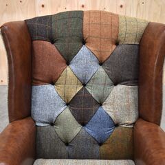 ≪yt1870ジ≫ 希少 Harris Tweed/ハリスツイード ハイバックラウンジチェア 英国製/England 猫脚/パッチワーク/ボタンダウン/クイーンアン/イングランド/アンティーク調/中古家具/宮城県仙台市 70317-19の画像