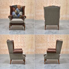≪yt1870ジ≫ 希少 Harris Tweed/ハリスツイード ハイバックラウンジチェア 英国製/England 猫脚/パッチワーク/ボタンダウン/クイーンアン/イングランド/アンティーク調/中古家具/宮城県仙台市 70317-19の画像