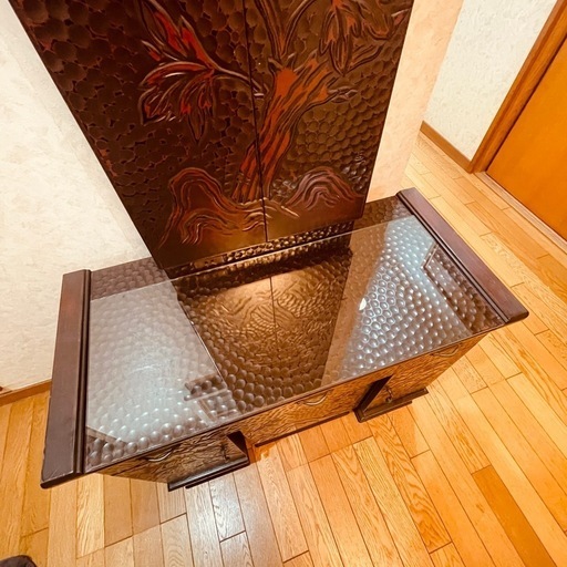 鎌倉彫 鏡台 三面鏡 木製 牡丹 アンティーク 昭和レトロ 和風