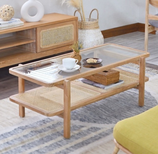 【美品】KAGOME センターテーブル ラタン×チーク無垢材