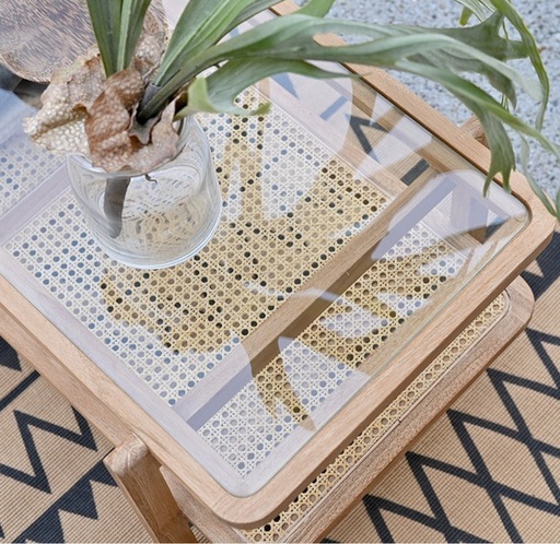 【美品】KAGOME センターテーブル ラタン×チーク無垢材