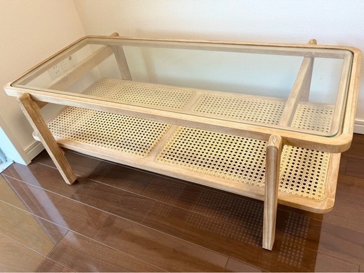【美品】KAGOME センターテーブル ラタン×チーク無垢材