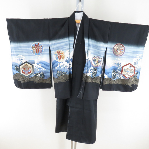 子供着物 男の子用 子供きもの 四つ身 5つ紋 黒色x青色 正絹