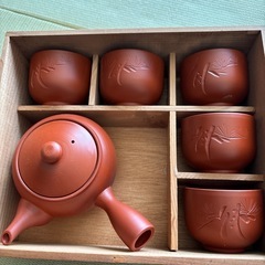 急須と湯呑セット 竹模様 木製箱付き