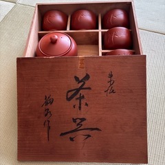 急須と湯呑セット 竹模様 木製箱付きの画像