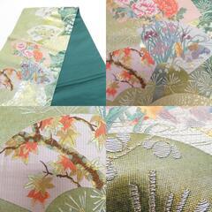 袋帯 グリーンxゴールドx多色 金糸 扇子に四季の花々紋様 六通