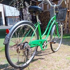 ※　取引終了　　※  　　　　　　　　　　　　　　　　　26インチ　自転車　緑色　ママチャリ　ライト付き　鍵付き　カゴ付き　両立スタンド　中古品の画像