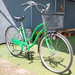 ※　取引終了　　※  　　　　　　　　　　　　　　　　　26インチ　自転車　緑色　ママチャリ　ライト付き　鍵付き　カゴ付き　両立スタンド　中古品の画像