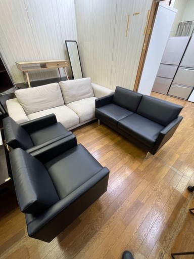 リクエスト商品!! 美品です!! 応接ソファ3点セット 1人+1人+2人 ブラック レザー(合成皮革)