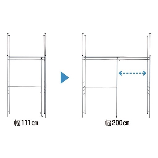 【2セット】ウォークイン突っ張りハンガー 幅111～200cm・ハイタイプ（高さ218～280cm）・カーテンなし