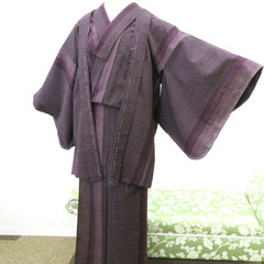 ウール着物 単衣 女性用ウールアンサンブル2点セット 羽織＆着物 紫 白