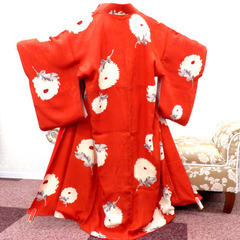 小紋 昔 アンティーク 昔着物 オレンジ 生成 グレー 花 地模...