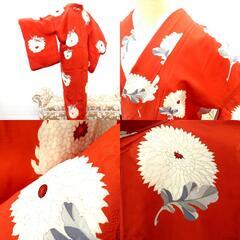 小紋 昔 アンティーク 昔着物 オレンジ 生成 グレー 花 地模様あり 広衿 正絹 昔きもの レトロ 明治・大正ロマン カジュアル  身丈124.5cm 【キモノオフ野々市若松店】の画像