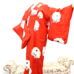 小紋 昔 アンティーク 昔着物 オレンジ 生成 グレー 花 地模様あり 広衿 正絹 昔きもの レトロ 明治・大正ロマン カジュアル  身丈124.5cm 【キモノオフ野々市若松店】の画像