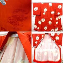 小紋 昔 アンティーク 昔着物 オレンジ 生成 グレー 花 地模様あり 広衿 正絹 昔きもの レトロ 明治・大正ロマン カジュアル  身丈124.5cm 【キモノオフ野々市若松店】の画像