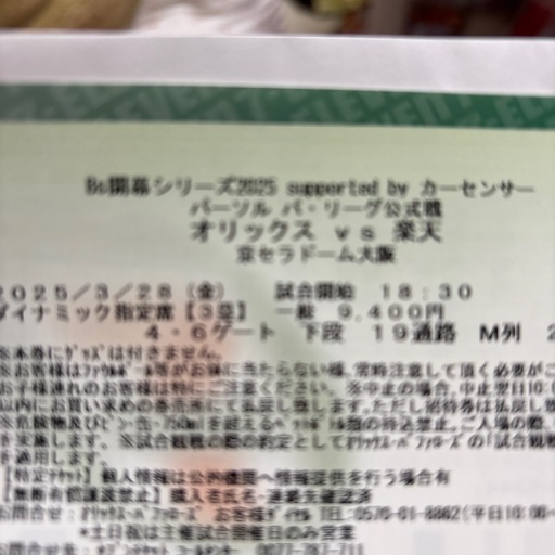 プロ野球　3/28 開幕戦　オリックスvs楽天 ３塁側ダイナミック指定席　1枚
