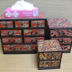 和紙工芸品 小箪笥3点まとめて■ 大・中・小■かわいい小引き出し 小物入れに　卓上収納　インテリア 和の時代物の画像