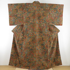 小紋 更紗文様 袷 バチ衿 赤茶色 正絹 仕立て上がり カジュア...