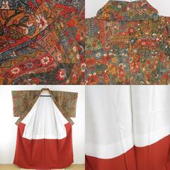 小紋 更紗文様 袷 バチ衿 赤茶色 正絹 仕立て上がり カジュアル着物 身丈156cm 【キモノオフ野々市若松店】の画像