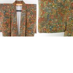 小紋 更紗文様 袷 バチ衿 赤茶色 正絹 仕立て上がり カジュアル着物 身丈156cm 【キモノオフ野々市若松店】の画像