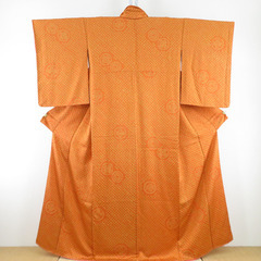 小紋 絞り 丸文様 袷 広衿 橙色 ベージュ 正絹 仕立て上がり...