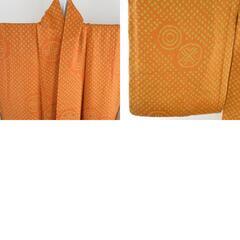 小紋 絞り 丸文様 袷 広衿 橙色 ベージュ 正絹 仕立て上がり カジュアル着物 身丈159cm 【キモノオフ野々市若松店】の画像