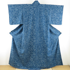 小紋 花唐草文様 袷 広衿 藍色 正絹 仕立て上がり カジ…