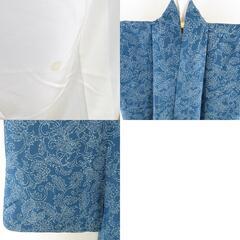 小紋 花唐草文様 袷 広衿 藍色 正絹 仕立て上がり カジュアル着物 身丈157cm 【キモノオフ野々市若松店】の画像
